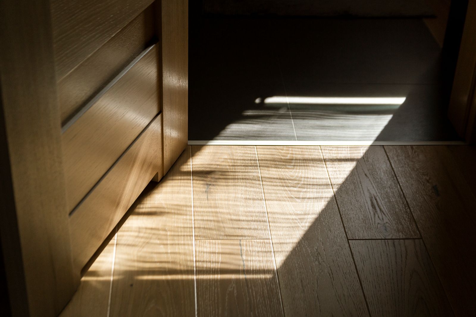 Sunlight casting patterns across a refinished parquet wood floor