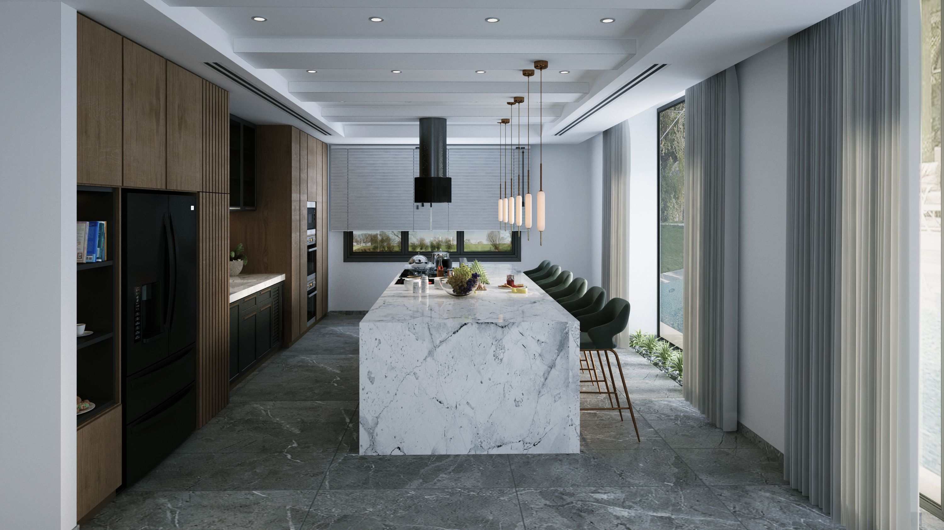 Quartz countertop and pendant lighting detail